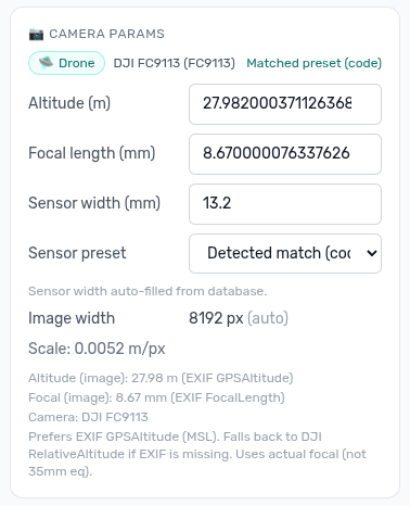 Camera parameters panel where sensor width, focal and altitude can be edited