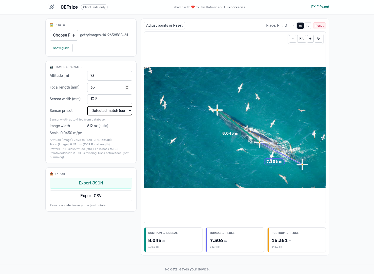 CETsize UI showing image, toolbar and measurements