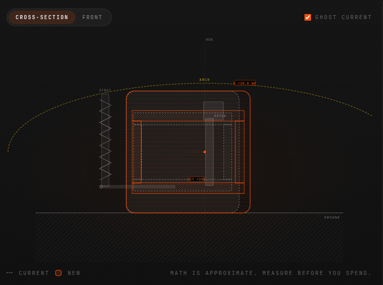 Opus 4.8&rsquo;s first cross-section attempt: stacked rectangles instead of a tire