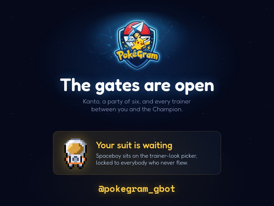 The Pokegram launch card: the gates are open, Kanto, a party of six